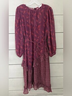 Senlis Antoinette Women’s Floral Ruffle Midi Dress Burgundy Cottagecore Small